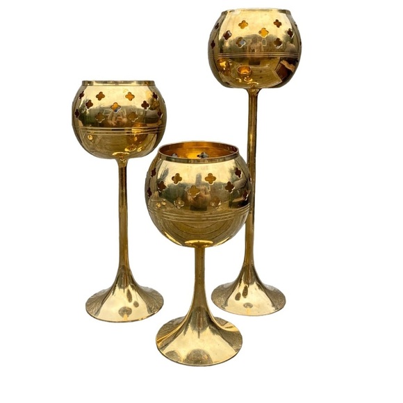 Other - Vintage Brass, Tall Votive Candlestick Holders with Clover Punch-outs New